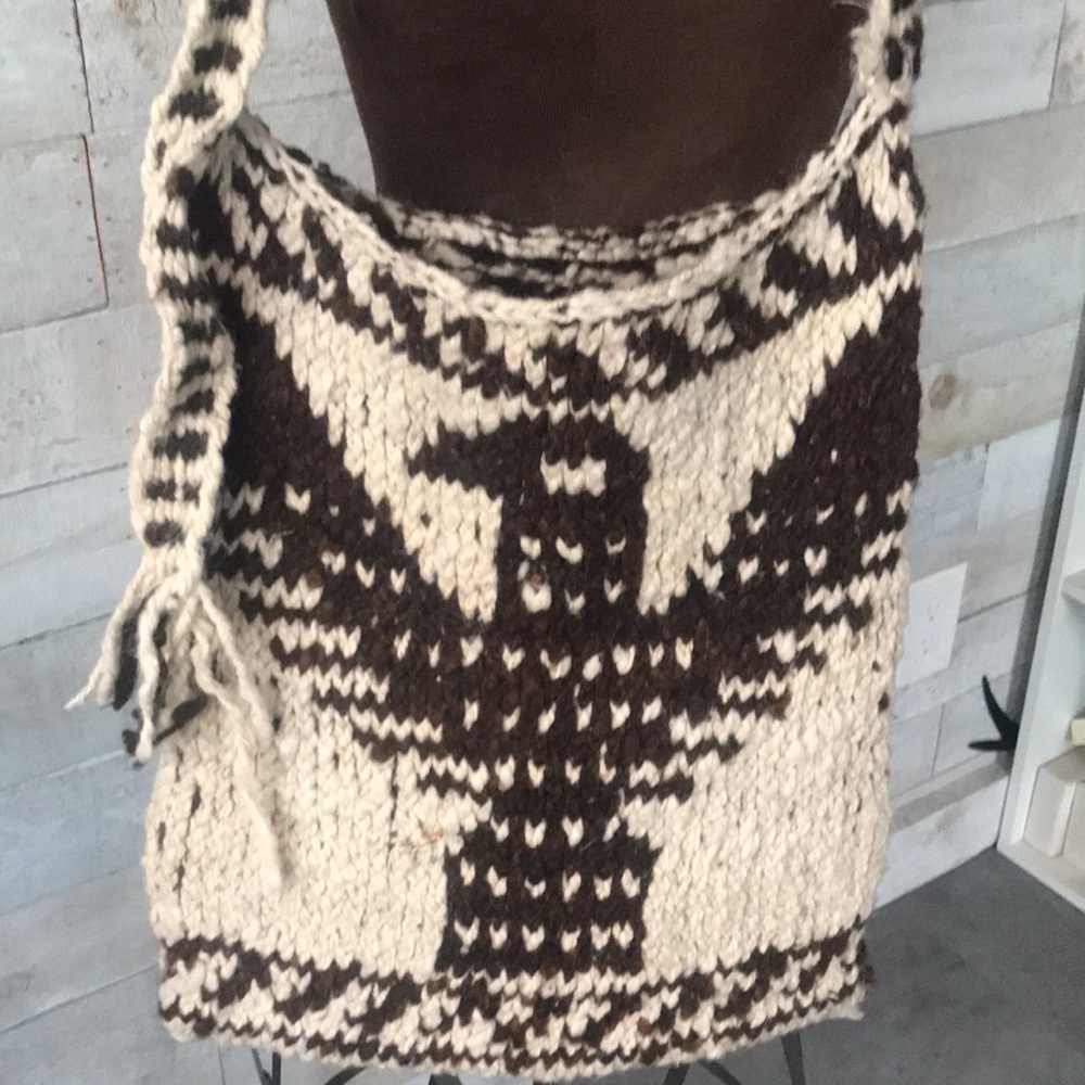 Handcrafted Boho Brown and Cream Knit Thunderbird Shoulder Bag - Picture 4 of 6